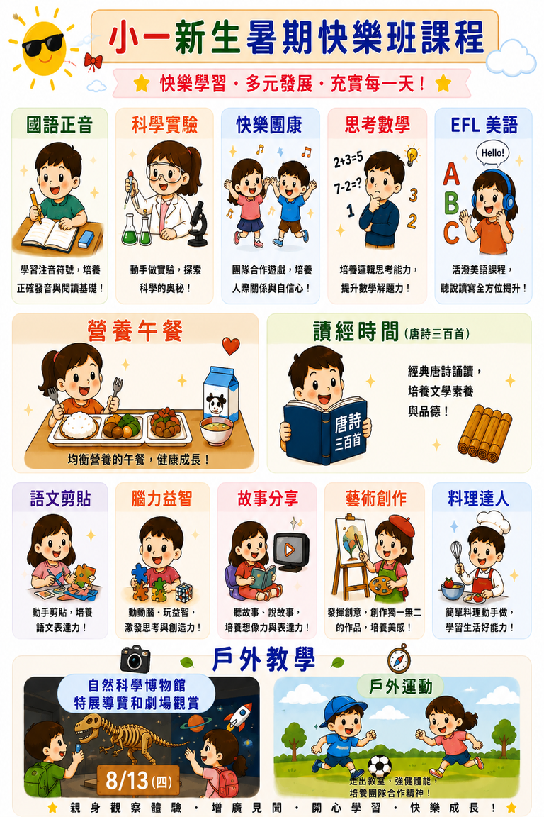 小一新生暑假班，有基本國語數學教學，還有趣味語文剪貼、科學實驗、料理、綜合活動課程，以及每月專屬的戶外教學