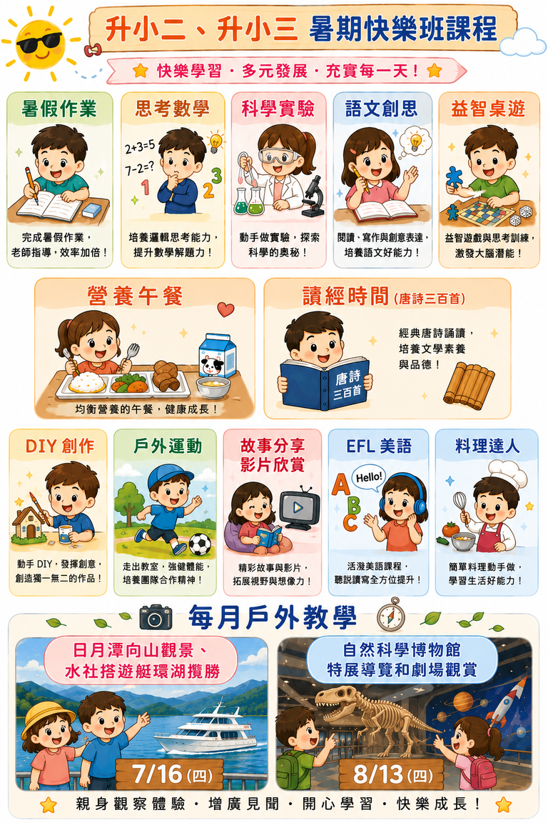 升小二、小三暑期快樂班，有基本國英數教學，還有趣味語文剪貼、科學實驗、料理、綜合活動課程，以及隔週四的戶外教學